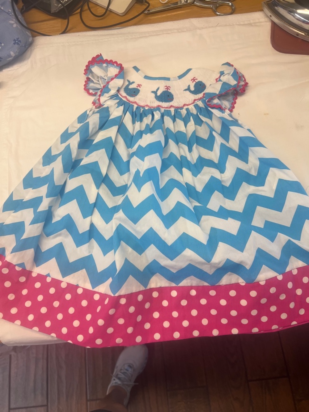 Blue Chevron Smocked Girls Dress with Pink Polka Dot Trim - Picture 2 of 7